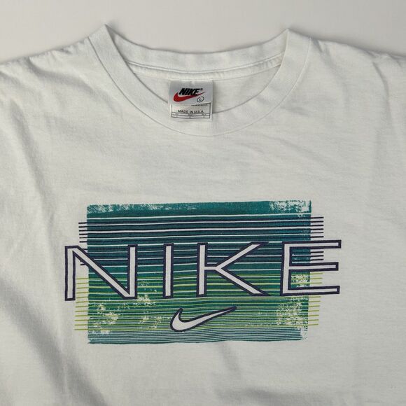 Vintage 90s Nike T Shirt Mens Large White Swoosh Teal Spell Out Nike Made In USA - Picture 1 of 10